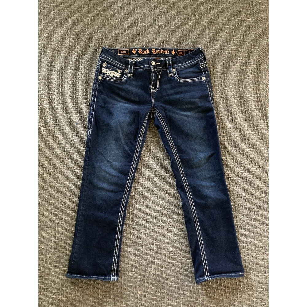 Rock Revival Betty Denim Blue Crystal Cropped Crop Dark Wash Size 28 Women's